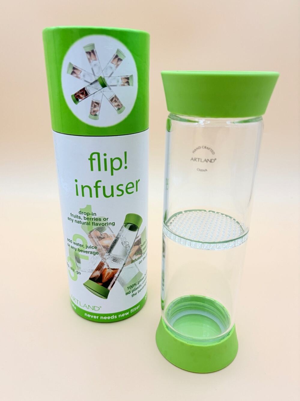 Fruit Infuser Water Bottle Artland Flip Glass 20 oz Green Silicone Tube Box